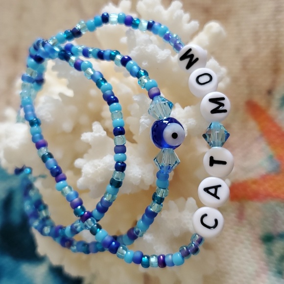 Seed Bead Stack Stretch Bracelets"Cat Mom" & "Evil Eye" Bracelets - Picture 4 of 16